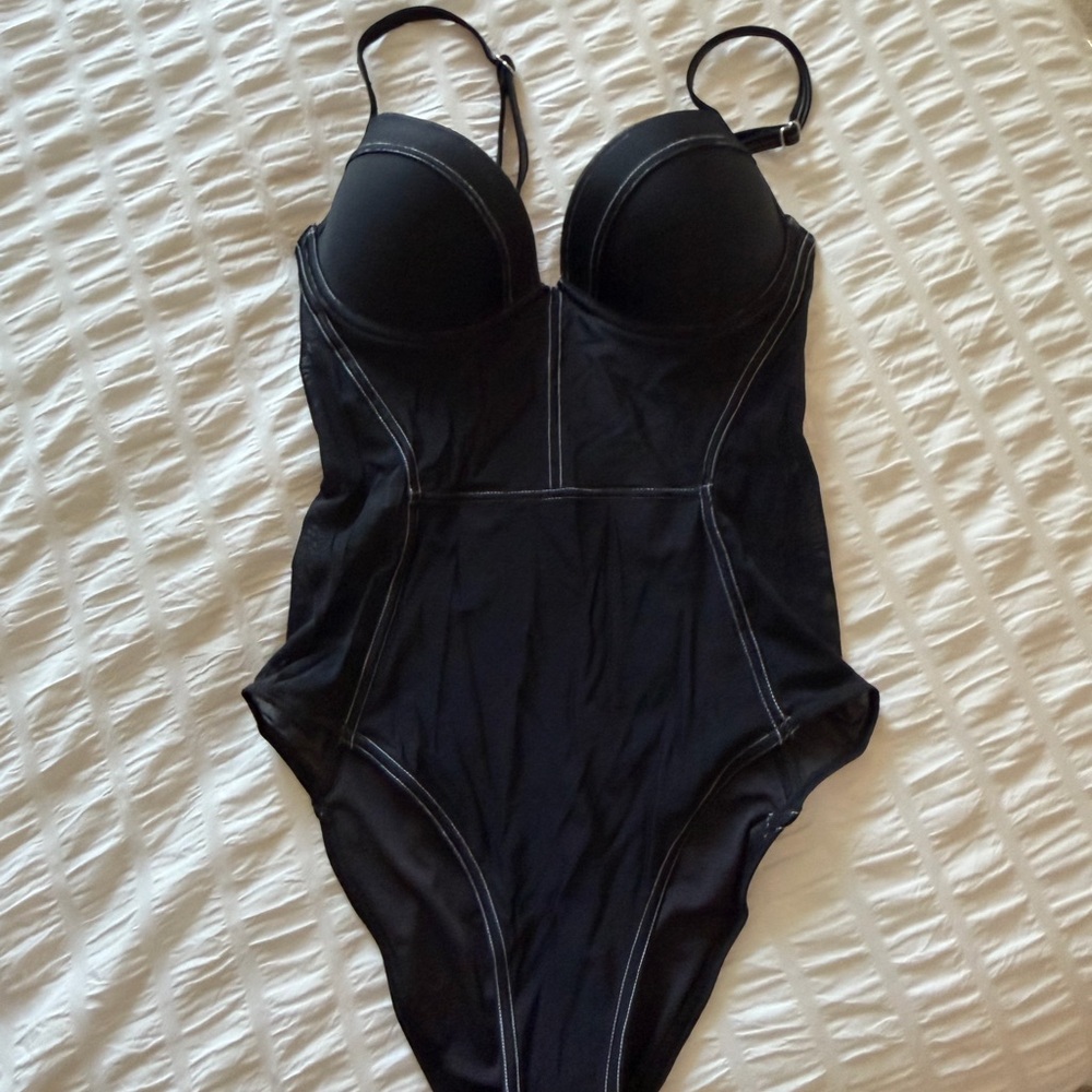 Black One-Piece Structured Swimsuit Mesh Sides Cupshe